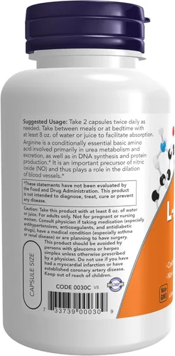 Vista 3 de NOW Suplementos, L-Arginina 500 mg, Precursor de Óxido Nítrico*, Aminoácido, 100 Cápsulas Vegetales