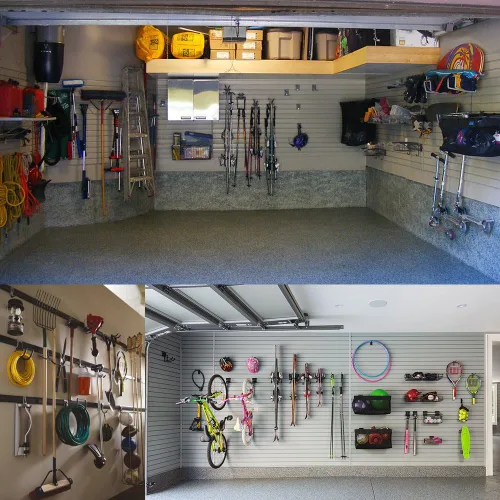 Vista 2 de Garaje utilitario doble ganchos, organizador de almacenamiento de acero resistente para montaje en pared con revestimiento antideslizante, capacidad