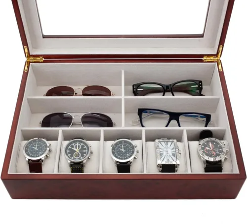 Vista 3 de Tech Swiss Valet - Bolígrafos de madera para gafas, relojes de joyería, 5 compartimentos extra grandes (Burlwood)