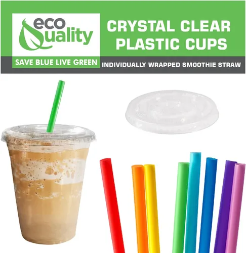 Vista 5 de Vasos desechables de plástico transparente con tapas y popotes para batidos, 200 unidades, 24 onzas (onzas) taza de PET transparente para batidos