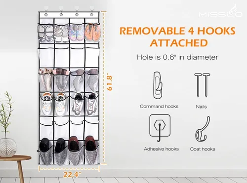Vista 5 de MISSLO Organizador de zapatos con 35 bolsillos grandes para colocar sobre la puerta + 24 bolsillos grandes de malla, color blanco