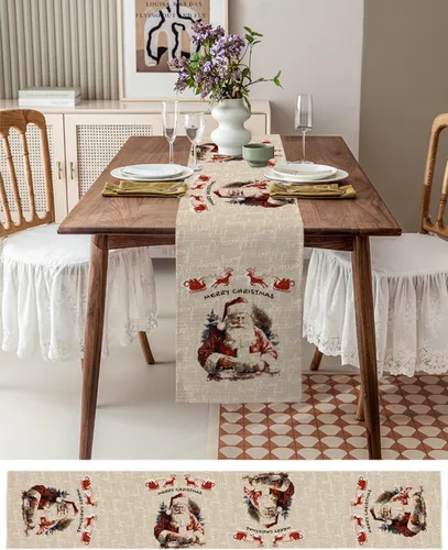 Vista 3 de Camino de mesa navideño de Papá Noel de 36 pulgadas de largo, algodón y lino, bufandas de arpillera, cocina, cena, cafetería, decoración de mesa