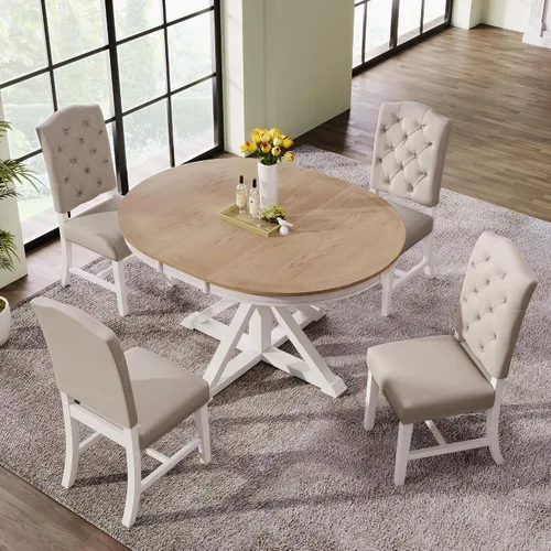 Vista 22 de Knocbel Juego de mesa extensible para 4-6, mesa de comedor redonda ovalada con 4 sillas tapizadas, juegos retro de 5 piezas con base de madera