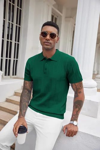 Vista 45 de COOFANDY Camisas polo de punto para hombre de manga corta con textura acanalada Camisas de golf casuales y ligeras con cuello Camiseta de polo