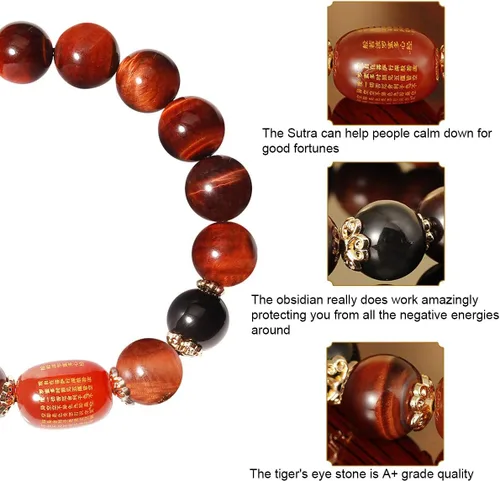 Vista 3 de Jewever Pulsera de triple protección Feng Shui Healing Stretch- Ojo de tigre - Obsidiana - Sutra ágata cuentas 0.472 in Piedra Unisex Joyería, Gema