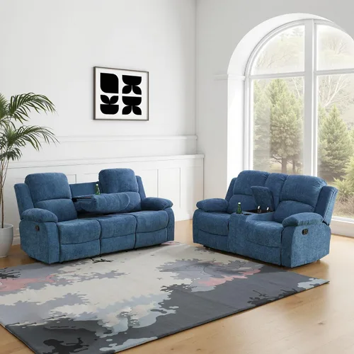 Vista 10 de Juego de sofá reclinable manual para sala de estar, juego de muebles de 3 piezas, sofá reclinable de tela Courduroy y dos sillas con mesa Azul