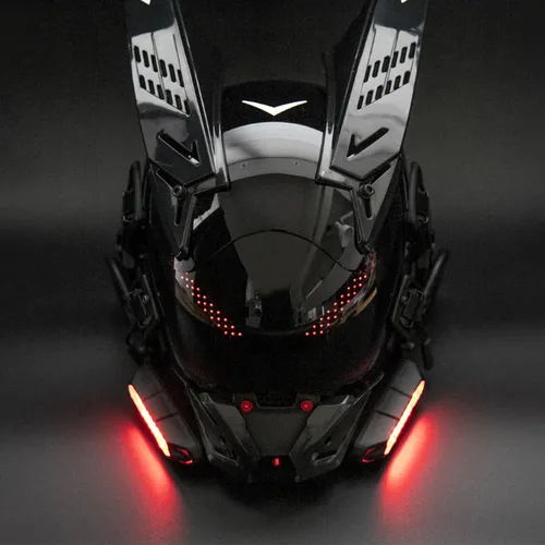 Vista 4 de Cyberpunk - Casco gótico para adultos, máscara LED Bluetooth, tecnología punk futurista, cosplay, Halloween, fiesta, festival de música (negro)