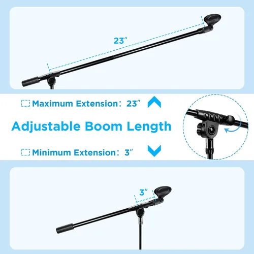 Vista 7 de Paquete de 2 soportes para micrófono, soporte de micrófono trípode Bietrun con altura de boom ajustable, con bolsa de transporte y clips