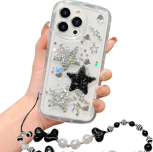 Vista 38 de Compatible con iPhone 11 Pro Funda Transparente Bonita con Diseño de Estrella con Purpurina en 3D con Perlas y Pulsera de Perlas, Diseño de Cadena