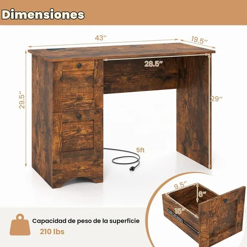 Vista 3 de GIANTEX - Escritorio para computadora con 2 cajones, escritorio de madera para oficina en casa de 43 pulgadas con estación de carga, escritorio