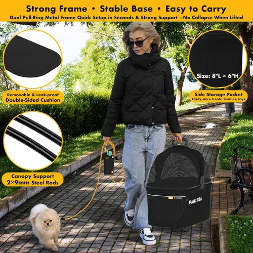 Vista 7 de PAWZIDEA Carriola de mascotas 4 en 1, Carriola de gatos con portaequipaje desmontable y dosel sin cremallera, jaula portátil para perros