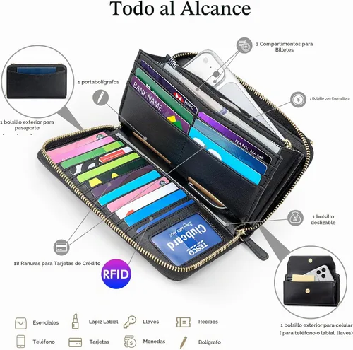 Vista 4 de nuoku Cartera RFID para Mujer Monedero Muñequera Bandolera Clutch con Cremallera Perimetral 2 Correas Negro