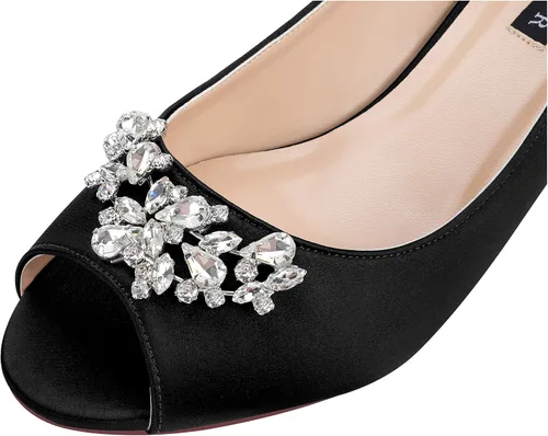 Vista 4 de ERIJUNOR Zapatos de tacón bajo para mujer, con diamantes de imitación, puntera abierta, para boda, fiesta de noche, zapatos de vestir