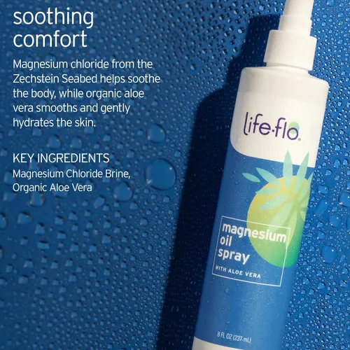 Vista 2 de LIFE-FLO Spray de aceite de magnesio con aloe vera orgánico, cloruro de magnesio en aerosol del fondo marino de Zechstein, calma y relaja músculos