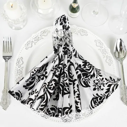 Vista 4 de Efavormart - Paquete de 25 servilletas de tela flocada de damasco negro/blanco, lino reutilizable, 20 x 20 pulgadas