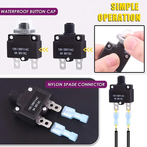 Vista 5 de Swpeet Disyuntor térmico de 30 piezas de 5 amperios con terminales de conexión rápida y tapas de botón impermeables, kit surtido, interruptor