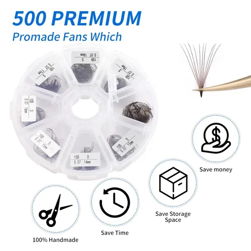 Vista 30 de Extensiones de pestañas de 1200 fans, prefabricadas, con volumen, 9-20mm, bandeja mixta, 20D, con punta en C, base puntiaguda, extensiones