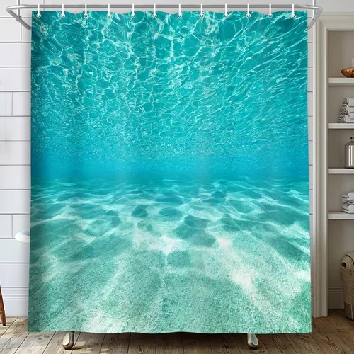 Vista 13 de MERCHR Cortina de ducha de playa azul océano, naturaleza bajo el agua, escena del mundo del mar, cortinas de baño, tela impermeable, 36 x 72 pulgadas