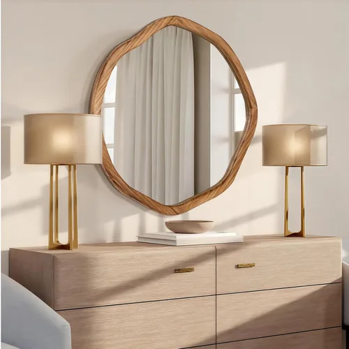 Vista 2 de ULIKE Espejo redondo de madera, espejo de pared circular irregular de 24 pulgadas con marco de madera, soporte de pared decorativo rústico