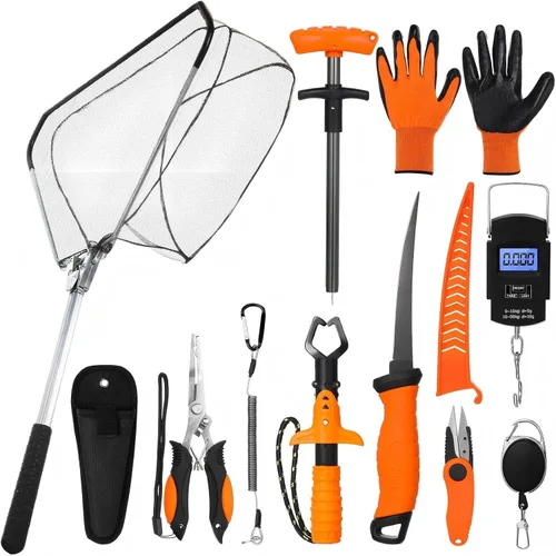 Vista 7 de RoundFunny Kit de herramientas de pesca de 10 piezas, alicates de pesca con cordón y fundas protectoras, salabre, cuchillo de filete, balanza