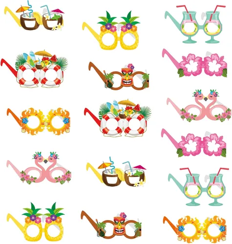 Vista 7 de OURUOLA Decoraciones hawaianas de verano para fiestas en la piscina, gafas de sol divertidas - 16pcs gafas tropicales Aloha flamingo, decoración