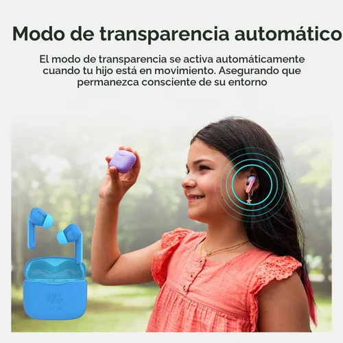 Vista 5 de myFirst Carebuds Auriculares para Niños - Auriculares Inalámbricos Bluetooth Verdaderos con Límite de Volumen de 85db, Micrófono, Estuche de Carga