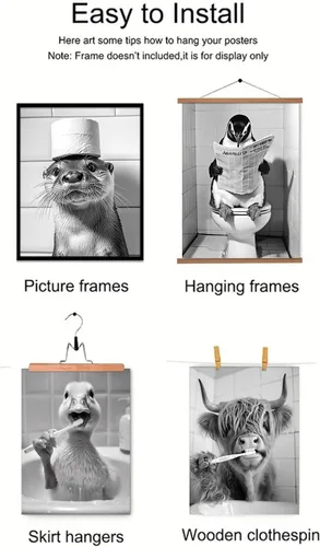 Vista 3 de Kizbok Arte Gracioso para Pared de Baño, Arte en Blanco y Negro, Impresiones de Arte de Baño en Lienzo de Animales Lindos, Carteles Graciosos