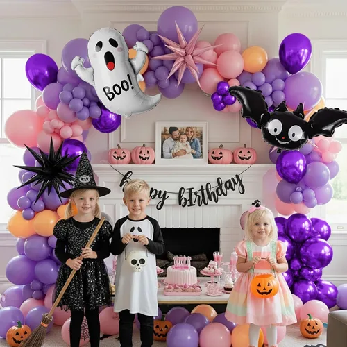 Vista 6 de Kit de arco de guirnalda de globos de cumpleaños pastel de Halloween, 130 globos morados, rosas y naranjas + globos de Mylar de murciélago fantasma
