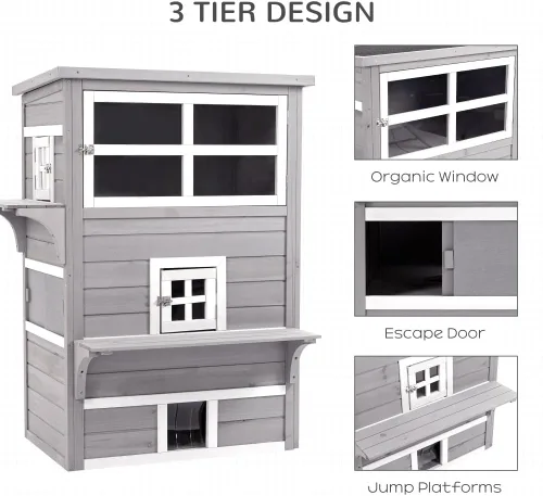 Vista 6 de 3-Tier Wooden Cat House for Outdoor and Indoor Use with Raised Floor and Asphalt Roof Gray Cat Shelter with Escape Doors and Jump Platforms