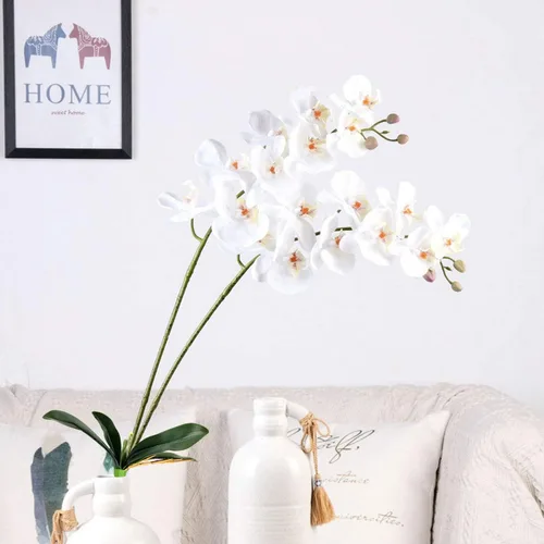 Vista 3 de FagusHome Flores artificiales de seda Phalaenopsis de 41 pulgadas, 2 piezas con 2 paquetes de hojas, plantas artificiales de orquídea en blanco
