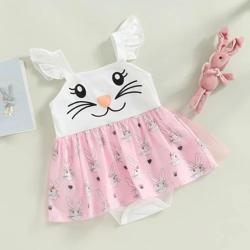 Vista 2 de Traje de Pascua para bebé niña, lindo vestido de conejo, vestido de lentejuelas sin espalda, vestidos de juego con tul para recién nacido, ropa
