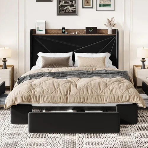 Vista 3 de SHA CERLIN Base de cama tamaño matrimonial con 3 cajones, puertos de carga USB y tipo C, cama plataforma tapizada en terciopelo con cabecera