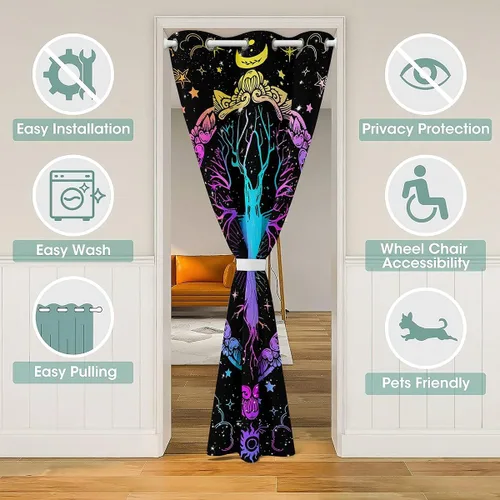 Vista 3 de Homewish Cortina de puerta de árbol de la vida azul y morado, cortina exótica para puerta de armario, puerta de armario, plantas silvestres