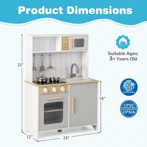 Vista 7 de Costzon Juego de cocina para niños, cocina de madera con luces y sonidos, estufas, fregadero, grifo, microondas, horno y accesorios de cocina, juego