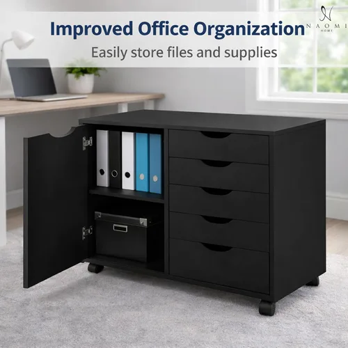 Vista 4 de Naomi Home Archivador de oficina con ruedas para debajo del escritorio, con 5 cajones y gabinete de almacenamiento lateral, organizador móvil