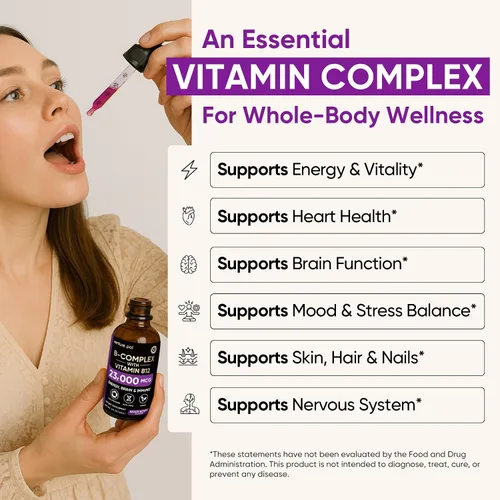 Vista 5 de Venture Pal Vitamina B Complex Liquid Drops, B12 Metilcobalamina B9 Fólico B1, B2, B3, B5, B6, B7 - Vitamina C, colina, inositol, metabolismo