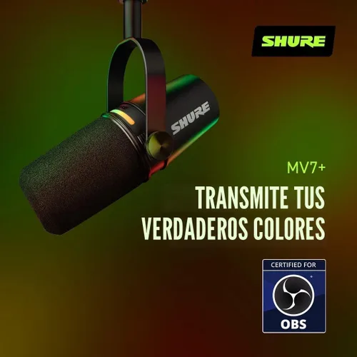 Vista 7 de Shure MV7+ - Micrófono dinámico para podcast con soporte, certificado OBS, audio mejorado, panel LED, salidas USB-C y XLR, modo de nivel automático