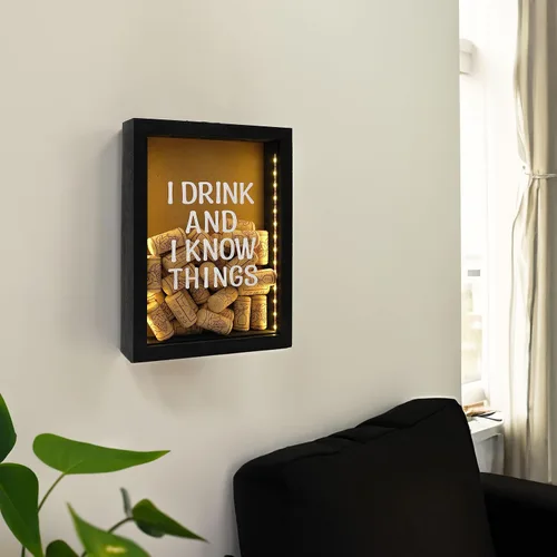 Vista 7 de Caja de sombra de madera rústica negra de 8"X11" con luces, vitrina iluminada con LED para corchos de vino, boletos y exhibiciones creativas