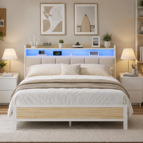 Vista 13 de IMMERSTABLE - Base de cama individual con cabecero de almacenamiento, marco de cama de plataforma metálico individual con luces LED y estación