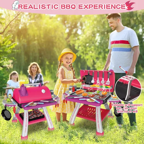 Vista 5 de Juguetes de Cocina para Niños, Parrilla de Barbacoa para Niños Juego de Cocina con Humo, Sonido y Luz, Juguetes de Comida Rosa Juego de Cocina