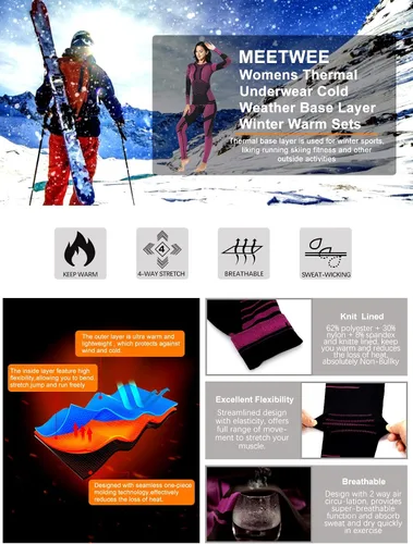 Vista 3 de MEETWEE Ropa interior térmica para mujer, Long Johns Ski para clima frío, capa base, cálida parte superior e inferior de invierno para correr