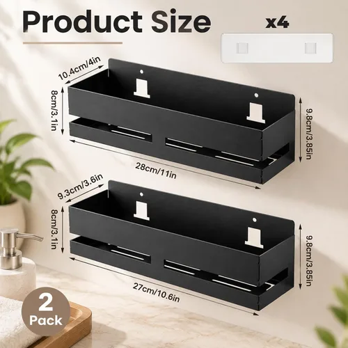 Vista 2 de Paquete de 2 estantes adhesivos para baño, baske de metal negro
