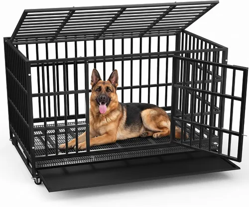 Vista 11 de LEMBERI - Jaula para perro indestructible y resistente de 48/38 pulgadas, a prueba de escapes con ruedas bloqueables, doble puerta para evitar