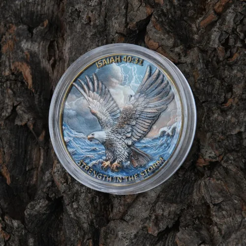 Vista 4 de Moneda de desafío de águila 3D de doble cara de aleación de zinc de 1.57 pulgadas, diseño inspirador colorido con Isaías 40:31, tema de fuerza