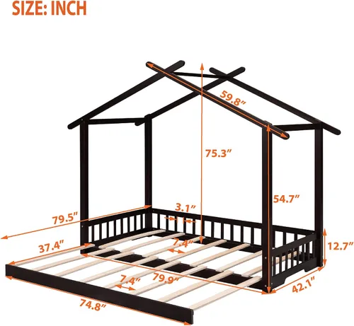 Vista 2 de Merax Cama de casa extensible, sofá cama de madera, no necesita somier, espresso