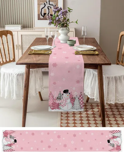 Vista 3 de Camino de mesa de muñeco de nieve rosa rubor, lino de algodón, bufandas de 36 pulgadas, diseño de lunares de Navidad para cocina, café, comedor