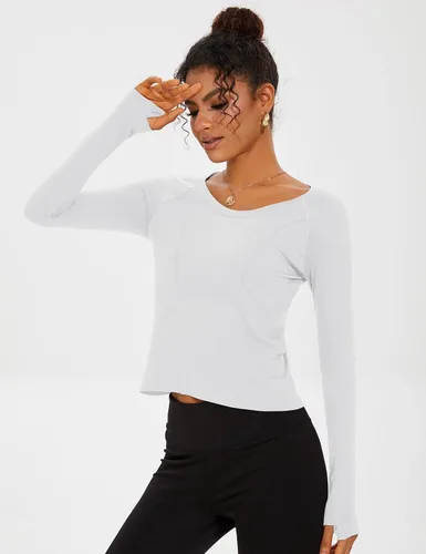 Vista 4 de LUYAA Camisetas cortas de entrenamiento para mujer, de manga larga, para gimnasio, atlética, de compresión, ajustadas, básicas