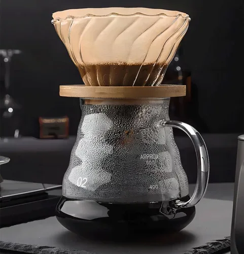 Vista 3 de Gotero de café de vidrio/filtro, cono de café de vidrio con soporte de bambú, accesorios de embudo para cafetera de goteo para el hogar u oficina