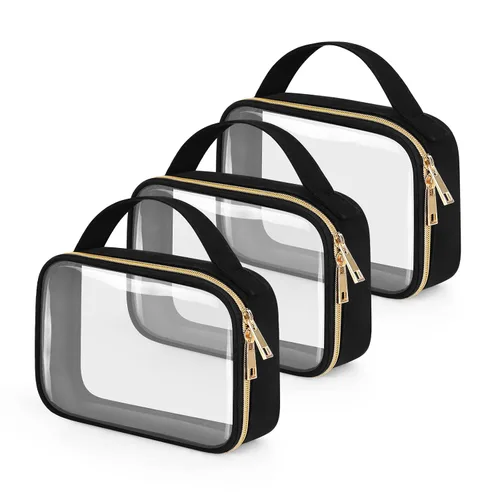 Vista 10 de Bolsa de aseo transparente Wedama, paquete de 2 bolsas de maquillaje transparentes con asas, bolsas cosméticas de PVC para mujeres y hombres, bolsas