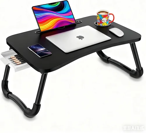 Vista 8 de Fayquaze - Escritorio portátil plegable para cama con cajón de almacenamiento y portavasos - Escritorio de regazo para portátil, soporte y bandeja